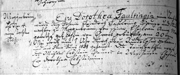Baptismal Record of Eva Dorothea Faulring